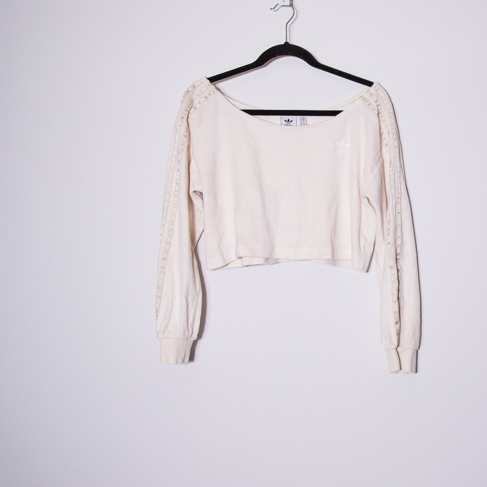Adidas Lifestyle Velvet Velour Boat Neck Long Sleeve Crop Sweater Wonder White S
